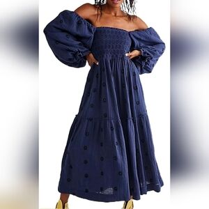 Women Puff Sleeve Embroidered Maxi Dress